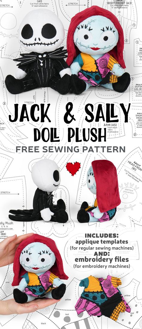 Plush Ideas, Jack Y Sally, Jack Skellington And Sally, Sew Patterns, Doll Patterns Free, Sewing Templates, Halloween Sewing, Cute Sewing Projects, Sewing Stuffed Animals