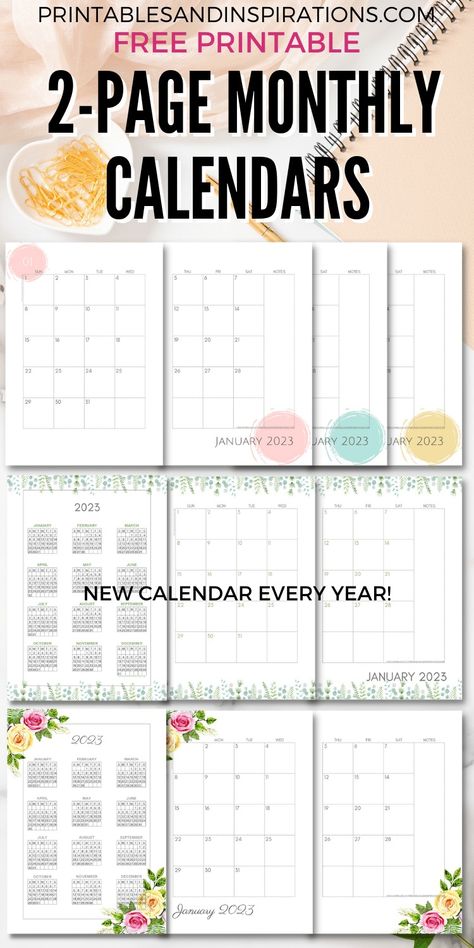 2022 2023 Two Page Monthly Calendar Template - Free Printable - Printables and Inspirations Library Printables, A5 Monthly Planner, Free Printable Monthly Planner, Happy Planner Free Printable, A5 Planner Printables, Pdf Calendar, Monthly Printable, Weekly Calendar Planner, Mouse Crafts