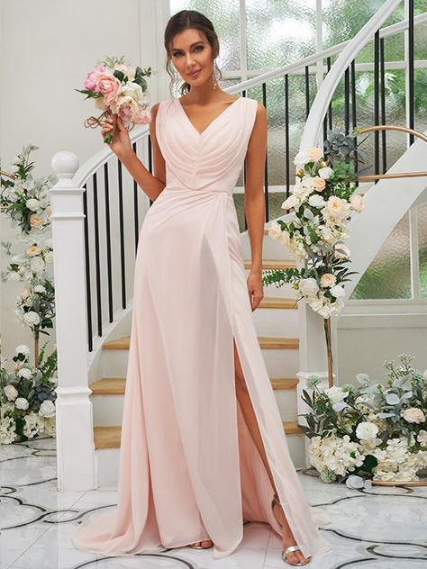 A-Line/Princess Chiffon Ruched V-neck Sleeveless Sweep/Brush Train Bridesmaid Dresses Dresses Fancy, Sleeveless Bridesmaid Dresses, Dresses Quinceanera, Theme Color, فستان سهرة, Handmade Dresses, Bride Dresses, Wedding Bridesmaid Dresses, Quinceanera Dresses