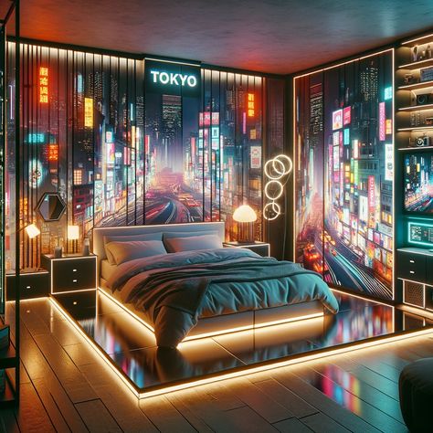 Tokyo Themed Bedroom, City Themed Bedroom, Tokyo Bedroom, Cyberpunk Room Ideas, New York Bedroom Ideas, Red Playroom, Biggest Bedroom, Cyberpunk Bedroom, Sci Fi Room