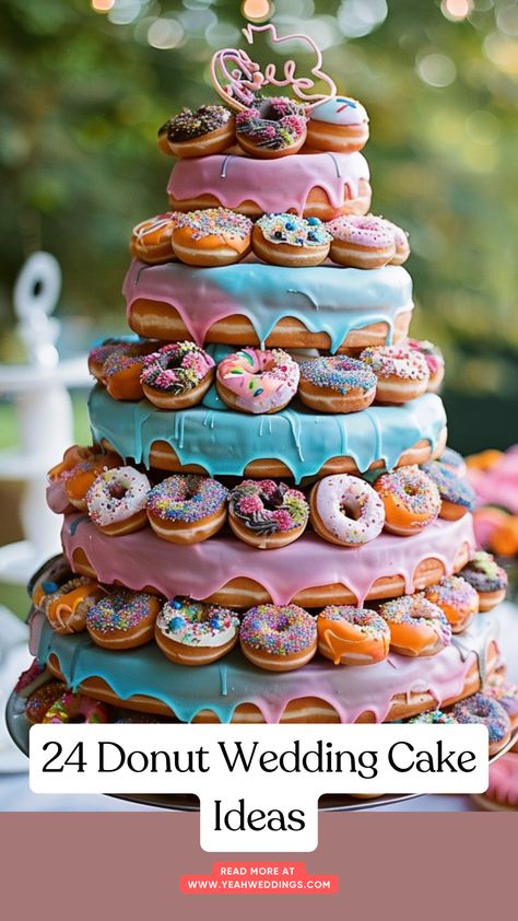 A beautifully arranged donut wedding cake with colorful icing and decorations, displayed on a tiered stand, perfect for a unique and memorable wedding dessert. Tiered Donut Display, Big Donut Cake, Cake Donut Ideas, Donut Display Wedding, Wedding Donuts Ideas, Donut Cake Wedding, Wedding Cake Donut, Donuts Stand, Doughnut Wedding Cake