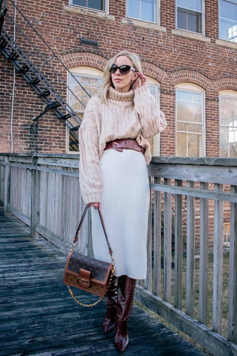 Meagan Brandon fashion blogger of Meagan's Moda shows how to wear knit sweater skirt with cable knit cropped sweater and wide leather belt White Skirt Winter, Pencil Skirt Outfits Winter, Sweater Skirt Combo, Wool Skirt Outfit, Sweater Skirt Outfit, Chunky Knit Top, Midi Skirt Winter, Long Knit Skirt, Knit Skirt Outfit