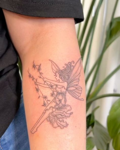 Fairy Tattoo Ideas, Faerie Tattoo, Swing Tattoo, Pixie Tattoo, Maching Tattoos, Whimsical Tattoos, Fairy Tattoo Designs, Fantasy Tattoos, Fine Line Tattoo