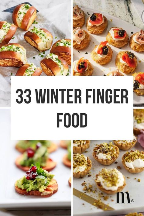 Make your party memorable with these delicious winter party finger foods. Ideal for any occasion, from birthdays to baby showers. Save to your "Party Food" board and visit the article for more ideas! Winter Cocktail Party Food, Winter Themed Party Food Ideas, Winter Party Finger Foods, Easy Winter Party Food, Classy Christmas Party Food, Winter Hordevours, Lunch Christmas Party Food, Food Ideas For Winter Wonderland Party, Winter Party Food For A Crowd