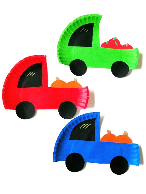 Paper Plate Fall Truck Craft Campfire Crafts For Preschoolers, Art Craft Transportation, Paper Plate Car Craft, Little Blue Truck Crafts For Toddlers, Kids Transportation Crafts, Fall Truck Craft, Craft Transportation For Kids, Paper Plate Arts And Crafts, Land Transportation Crafts For Toddlers