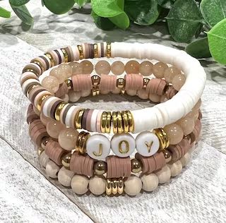 Polymer Clay Bracelet Stack, Teacher Stretch Bracelet, Clay Bead Bracelet Ideas Mom, Women Beaded Bracelets, Clay Bead Bracelet Ideas Neutral, Bracelet Sets Diy, Clay Bead Bracelet Design Ideas, Flat Bead Bracelet Ideas Aesthetic, Fall Heishi Bracelets