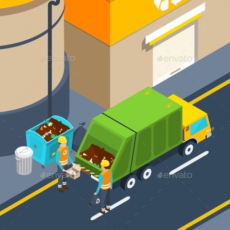 Scene of garbage collectors at work with waste container and special truck near factory isometric poster vector illustration. Edit Truck Reference, Garbage Collector, Garbage Collection, Creative Advertising Design, Waste Container, Cartoons Png, Garbage Truck, Creative Advertising, Advertising Design