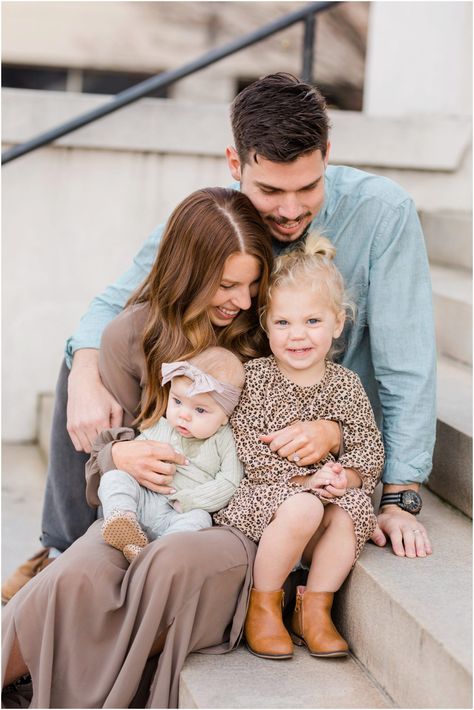 Downtown Greenville, SC Family session with neutral colored outfits #greenvillescphotographer #greenvillescweddingphotographer #greenvillescweddingphotography #greenvillescwedding #downtowngreenvillewedding #southcarolinaphotographer #scweddingphotographer #southeastphotographer #southcarolinaweddingphotographer #southcarolinaweddingphotography Family Staircase Photoshoot, Family Photoshoot Stairs, Downtown Family Of 3 Photoshoot, Urban Family Photo Shoot, Neighborhood Family Photoshoot, Family Photos On Steps, City Photoshoot Family, Downtown Family Session, Family Photoshoot Downtown