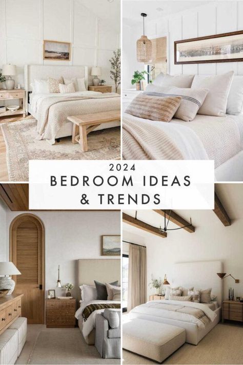 Scandinavian Farmhouse Bedroom, Transitional Master Bedrooms Decor, Masterbedroom Neutral Luxury, Modern Neutral Bedroom Decor, Master Bedrooms 2024 Trends, 2024 Bedroom Trends, Modern Cozy Bedroom Neutral, Primary Bedroom Decor, Primary Bedroom Ideas