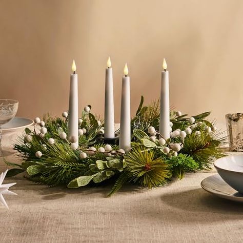 Advent Ring Ideas, Taper Candle Centerpiece Christmas, Christmas Table Wreath Centerpiece, Advent Candle Centerpiece, Advent Centerpiece, Catholic Advent Wreath, Candle Wreath Centerpiece, Centerpiece Wreath, Wreath Candle Holder