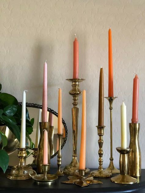 70s Branding, Candlestick Collection, Candle Display, Weddings Idea, Wedding Tablescape, Brass Candlestick, Vintage Candle, Room Redesign, Christmas Décor