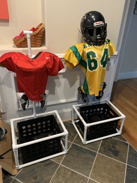 Sports Corner In Room, Pvc Football Equipment Storage, Football Pads And Helmet Storage, Football Equipment Storage Ideas, Gear Room Organization Sports Equipment, Football Equipment Stand, Football Mom Necessities, Football Gear Storage Ideas, Football Organization Ideas