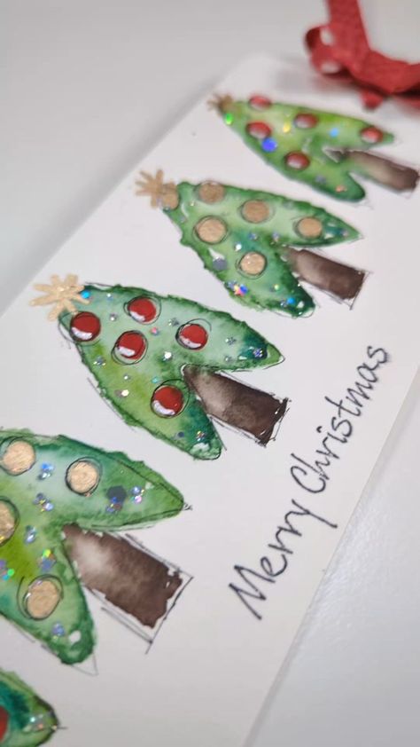 Easy Watercolor Christmas, Watercolor Christmas Art, Painting Idea For Beginners, Watercolor Christmas Cards Diy, Christmas Bookmark, Painted Christmas Cards, Paint Easy, Happy Painting, Christmas Bookmarks