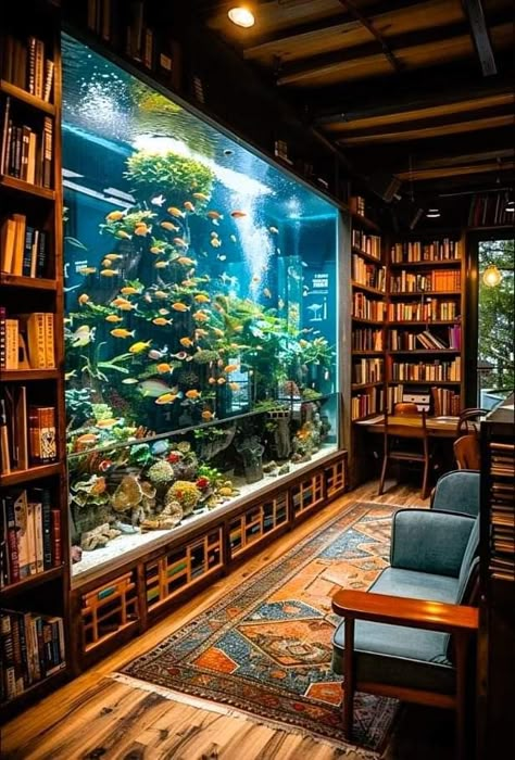 Aquarium For Living Room, House Aquarium Ideas, Aquarium In House Living Rooms, In House Aquarium, Bookshelf Fish Tank, Office With Fish Tank, Aquarium Library, Aquarium Design Ideas House, Fish Tank In Wall