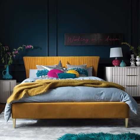 Say hello to our Safina Kingsize Turmeric Velvet Bedstead! A bold statement piece that is sure to make a striking focal feature in any bedroom. Autumn sale now on in store and online. Tap image to shop #homestyle #homedecor #interiordesign #interior #home #homedesign #interiors #decor #design #instahome #interiorstyling #homeinspo #decoration #london #interior123 #art #luxury #interiordecor #furniture #interiorstyle #interior4all #instagood #interiorinspiration #homesweethome #homedecoration #st Yellow Bed Frame Bedroom Ideas, Yellow Headboard Bedroom Ideas, Bedroom Inspirations Summer, Yellow Headboard, Yellow Bed, Mustard Bedding, Bedroom Yellow, Sleigh Bed Frame, Velvet Bed Frame