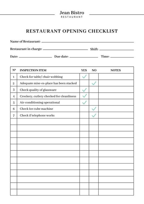 Free Professional Cuisine Restaurant Checklist template Restaurant Management System, Restaurant Checklist, Menu Maker, Presentation Maker, Bistro Restaurant, Invitation Maker, Restaurant Management, Photo Collage Maker, Social Media Schedule