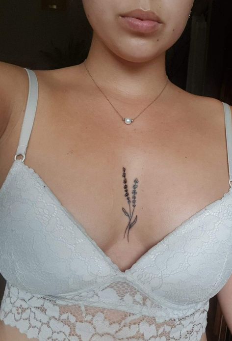 TattooLavender Lavender Chest Tattoo Female, Lavender Tattoo Sternum, Lavender Chest Tattoo, Lavender Tattoo Collar Bone, Lavender Sternum Tattoo, Lavender Spine Tattoo, Tiny Chest Tattoo Female, Dainty Chest Tattoo Female, Breastbone Tattoo