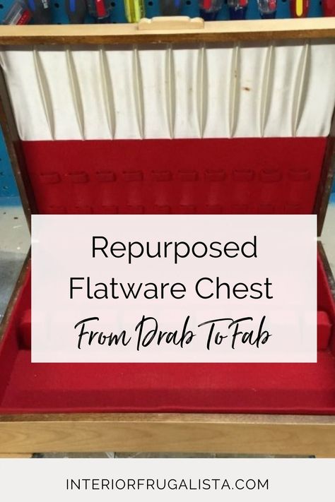 Silverware Chest Makeover, Old Silverware Box Ideas, Repurposed Silverware Chest, Flatware Box Repurposed, Storage Cubby Makeover, Repurpose Silverware Boxes, Flatware Box Makeover, Silverware Box Makeover, Silverware Boxes Repurposed