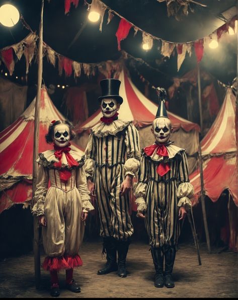 Circus Horror Aesthetic, Creepy Circus Party, Circus Freakshow Costumes, Halloween Freakshow Ideas, Haunted Carnival Costumes, Haunted Circus Aesthetic, Haunted Circus Costumes, Horror Circus Aesthetic, Haunted Circus Halloween