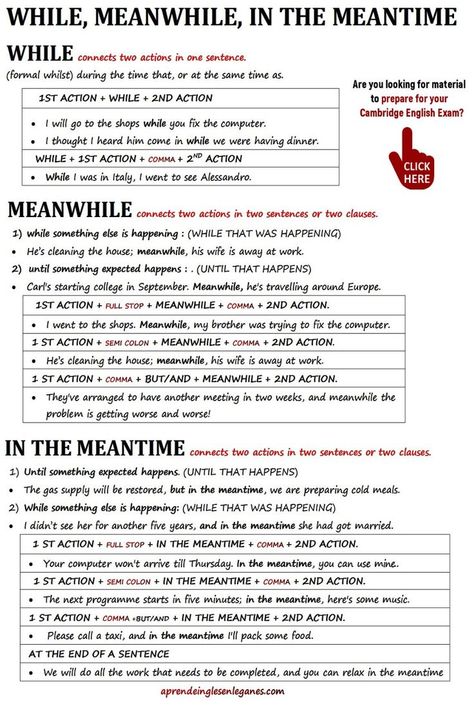 WHILE, MEANWHILE, IN THE MEANTIME. 
Many English students are confused about when to use "While", "Meanwhile" and "In the meantime". Have a look at this grammar sheet below to learn when and how to use them. Basic English Grammar Book, English Grammar Notes, Basic English Sentences, English Phrases Sentences, Hindi Language Learning, Advanced English Vocabulary, English Phrases Idioms, English Learning Spoken, Conversational English