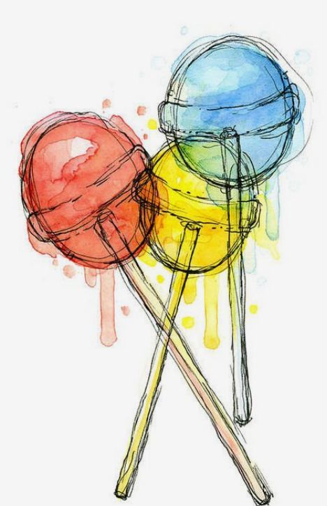 Food Watercolor, Candy Food, Yellow Candy, Lollipop, Blue Yellow, Red Blue, Watercolor Art, Art Print, Candy