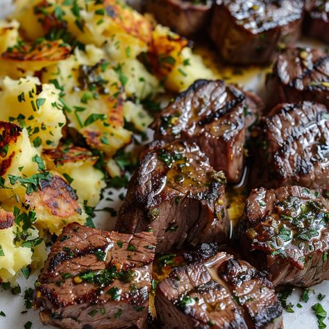 Garlic Butter Steak Bites and Cheesy Smashed Potatoes - That Oven Feelin Garlic Butter Steak Bites, Butter Steak Bites, Smashed Potatoes Recipe, Crunchy Potatoes, Crispy Smashed Potatoes, Butter Steak, Tender Steak, Garlic Butter Steak, Gourmet Dinner