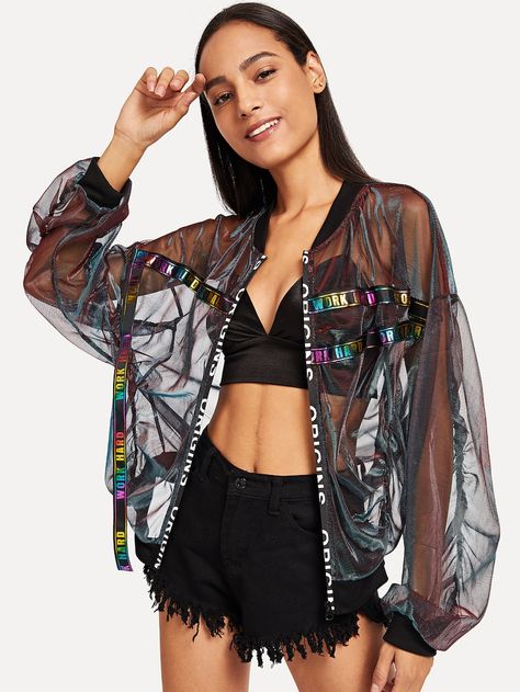 Letter Print Mesh Panel Jacket -SheIn(Sheinside) Idol Life, Moodboard Fashion, Organza Jacket, Panel Jacket, Výtvarné Reference, Mesh Jacket, Boujee Outfits, Digital Fashion, Style Rock