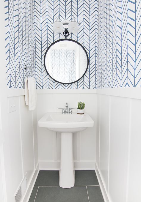 Lake house powder room serena and lily wallpaper Serena And Lily Wallpaper, Small Half Baths, Small Half Bath, Small Bathroom Wallpaper, Half Bath Remodel, Powder Room Remodel, Half Bathroom Decor, Wainscoting Bathroom, Wallpaper Minimal