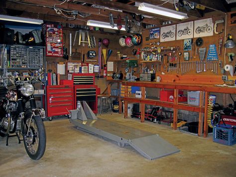 workshop, tips, tricks, maintenance, motorcycles Motorcycle Shop Ideas, Motorcycle Workshop Ideas, Motorcycle Shop Design, Motorcycle Garage Workshop, Motorcycle Garage Ideas, Motorbike Workshop, Motorcycle Storage Garage, Motorbike Garage, Motorbike Shed