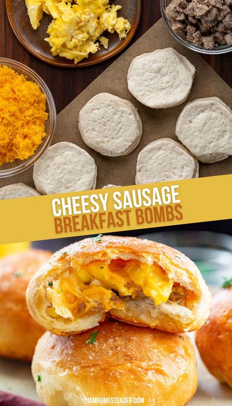 Breakfast bombs stacked, the top is cut open showing the filling of the breakfast bomb.  The top image is the assembly, showing the buttermilk biscuits, eggs, cheese, and cooke sausage. Premade Frozen Breakfast, Easy Cheap Breakfast Meal Prep, Breakfast For Family Mornings, Easy Breakfast Sandwiches To Freeze, Breakfast Bombshell Recipes, Breakfast Foil Packs, Breakfast Using Biscuits, Easy Breakfast Ideas To Go, Healthy Meal For Two