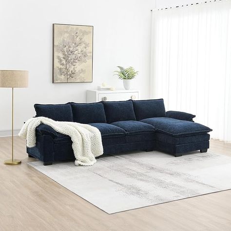 Amazon.com: ODUWA Convertible Sectional Sofa Couch,118" Modern L-Shaped Cloud Sofa with Double Chaise and Cushions,5-Seat Upholstered Chenille Sofa Furniture,Sleeper Sofa Couch for Living Room,Apartment : Home & Kitchen Navy Couch Basement, Blue Leather Sofa Living Room Ideas, Boho Living Room Blue Couch, Couch With Blue Pillows, Navy Blue Sectional Living Room Ideas, Midnight Blue Living Room, Chenille Chaise, Navy Couch Living Room, Navy Blue Couch Living Room