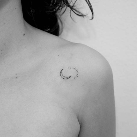 Sun And Moon Unique Tattoo, Sun Moon Abstract Tattoo, Small Moon Tattoo Shoulder, Sun And Moon Balance Tattoo, Moon On Collar Bone Tattoo, Half Moon Tattoos For Women, Half Moon Sun Tattoo, Sun Moon Collar Bone Tattoo, Lunar Eclipse Tattoo Minimalist