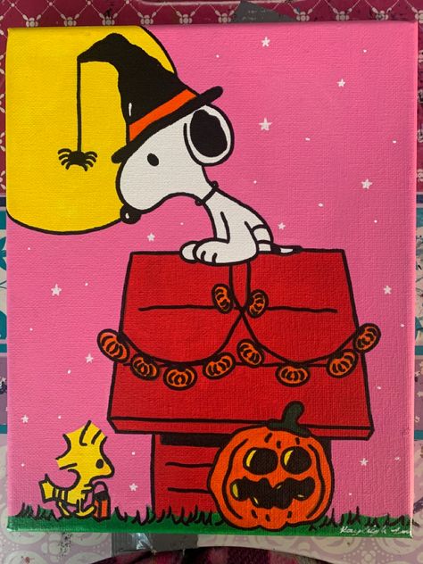 Halloween Things To Paint On Canvas Easy, Cute Easy Fall Paintings On Canvas, Painting Inspo Halloween, Halloween Painting Snoopy, Halloween Art Inspo Easy, Halloween Small Paintings, Snoopy Halloween Paintings On Canvas, Charlie Brown Halloween Painting, What To Paint Halloween