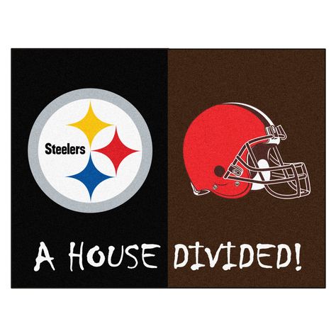 Lay down the ground rules: Play nice. Don't be a sore loser-or a trash-talking winner. And remember that you all still have to live together once the season is over. Mark your home as one of the star examples of co-habitating rivals with official split-screen welcome mats. Hose clean. 100% nylon and coir on heavy-duty rubber. 421/2" x 333/4". Nfl Flag, Nfl Broncos, Nfl Steelers, Nfl Carolina Panthers, Brown House, House Divided, Nfl Packers, Nylon Carpet, Custom Flags