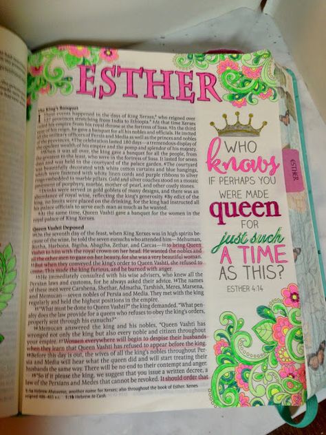 Esther Bible Study Notes, Bible Journaling Esther, Esther Bible Journaling, Cute Bible Journaling Ideas, Bible Journaling Notes, Bible Journaling Inspiration, My Creative Bible, Bible Journaling Pages, Over Fifty Fashion