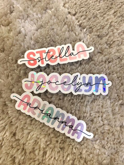 Add a touch of personality to your water bottle with these stylish gradient color holographic name stickers! #waterbottlestickers #namestickers . #Aesthetic_Name_Stickers_For_School #Sticker_Business_Name_Ideas #Cricut_Name_Stickers #Sticker_Name_Labels_Aesthetic Sticker Business Name Ideas, Cricut Name Stickers, Sticker Name Labels Aesthetic, Craft Names, Name Sticker Design, Name Design Art Ideas, Name Stickers Personalized, Name Design Art, Personalized Stickers Labels