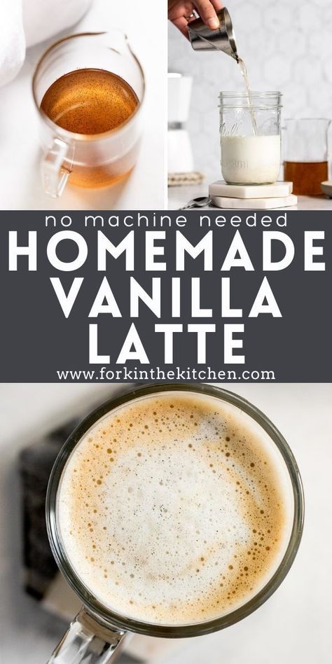 Making a luxurious vanilla latte at home has never been easier – or more delicious – thanks to this easy homemade latte method that requires no special equipment, and homemade vanilla bean syrup! Home Latte Recipe, Starbucks Vanilla Latte Recipe, Healthy Lattes At Home, Hot Vanilla Latte Recipe, Homemade Latte With Milk Frother, Homemade Vanilla Syrup For Coffee, French Vanilla Latte Recipe, At Home Latte Recipes, Vanilla Coffee Recipe