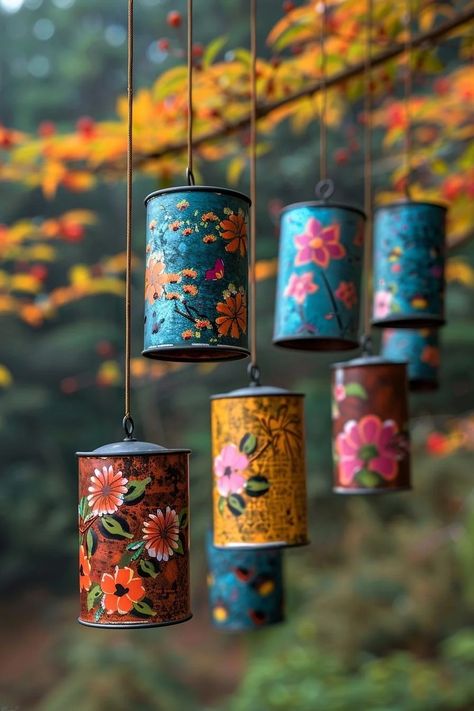 Outdoor Improvements Diy, Tin Can Mobile, Repurpose Garden Ideas, Trail Decorating Ideas, Whimsical Crafts Diy Projects, Balcony Outdoor Ideas, Upcycled Yard Art, Recycle Garden Ideas, Tin Can Wind Chimes Diy