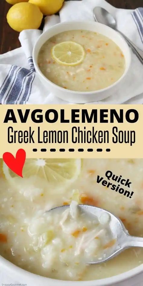 Avgolemono, an easy Greek lemon chicken soup with arborio rice and vegetables. Make a big batch ahead and freeze for a quick meal! Avagolemon Soup, Greek Cream Of Chicken Rice Soup, Greek Rice Soup, Greek Lemon Soup Authentic, Avoglomeno Soup Greek, Avolegmono Greek Soup, Greek Soup Avgolemono, Lemon Chicken Soup Greek, Greek Soup Recipes