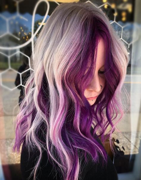 Gray Blonde Hair with Plum Money Pieces Blonde Hair With Vivid Money Piece, Blonde With Purple Highlights, Hairstyles With Purple Highlights, Hairstyles With Purple, Purple And White Hair, Gray Blonde Hair, Blonde With Purple, Blonde And Purple Hair, Blonde Hair With Purple