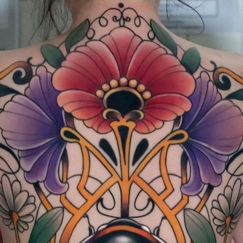 sarahdh.neotraditional on Instagram: "Finished! 🎉 did this backpiece in 4 sessions. Thanks again ann sophie! Loved doing this art nouveau folk inspired piece🙈. For bookings ; electrumtattoo@gmail.com @balmtattoo_benelux @barberdts_nl #backpiece #backpiecetattoo #colourtattoo #beetattoo #tattoo #ladytattooers #femaletattooartist #belgiumtattoo #belgiumtattooartist #neonouveau #neonouveautattoo #neotraditionaltattoo #neotraditional #neotradtattoo #bee" Art Nouveau Floral Tattoo Sleeve, Art Nouveau Sunflower Tattoo, Art Nouveau Back Piece Tattoo, Art Nouveau Tattoo Sternum, Art Nouveau Orchid Tattoo, Neo Trad Tattoo, Art Nouveau Tattoo, Nouveau Tattoo, Back Piece Tattoo