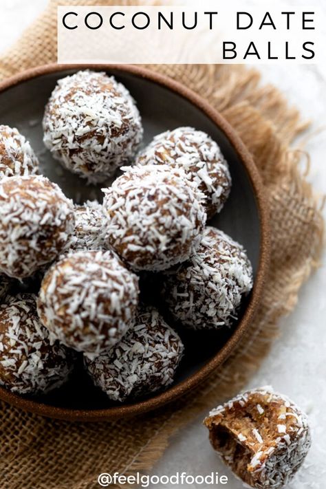 Coconut date balls are little balls of nutrition made with dates and nuts and then coated in shredded coconut - an easy-to-make sweet & healthy vegan snack! Coconut Date Balls, Date Balls, Coconut Balls, Vegan Snack, Date Recipes, Healthy Vegan Snacks, Autoimmune Protocol, Lost 100 Pounds, Balls Recipe