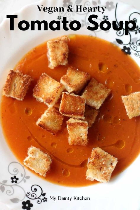 Vegan and hearty tomato soup is a real comfort food anytime. Hearty Tomato Soup, Quick Tomato Soup, Vegan Tomato Soup, Dried Basil Leaves, Tomato Soup Recipe, Creamy Tomato Soup, Tomato Basil Soup, Quick And Easy Appetizers, Tomato Soup Recipes