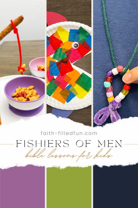 fishers of men fishing themed bible lesson for kids. snack, craft and activity ideas included Vacation Bible School Craft, Toddler Bible, Bible Crafts Sunday School, Fishers Of Men, Nursery Crafts, Kids Sunday School Lessons, Children's Church Crafts, Bible Story Crafts, Sunday School Kids