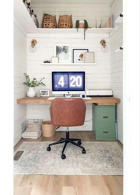 Shiplap office Cloffice leather desk chair built in desk Organic Modern Home Office, Closet Office Ideas Small Walk In, Closet Office Ideas Small, Closet Turned Office, Blonde Vinyl, Cloffice Ideas, Work From Home Space, Beachy Blonde, Closet Desk