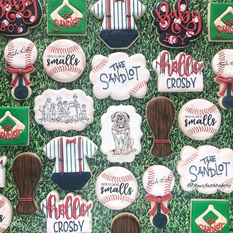 Cindi Brault-Turner on Instagram: “Sandlot baby shower cookies!! All of the amazing cutter companies are tagged!! Baseball stencil by @stencibelle Welcome Baby Crosby!!…” The Sandlot Cookies, Sandlot Baby Shower Ideas, Sandlot Cookies, Baseball Stencil, Baseball Gender Reveal, Baseball Cupcakes, Baseball Cookies, Baseball Theme Birthday, Baseball Baby Shower Theme