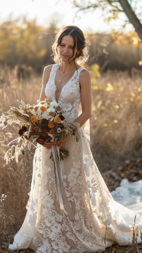 a bride in a less formal Boho lace gown or maxi dress, second wedding 2nd Wedding Dress Over 40 Not White, Second Wedding Dress Over 40, Second Wedding Dress Ideas, 2nd Marriage Wedding Dress, Wedding Dresses Outfit, Second Marriage Wedding, Wedding Dress Over 40, Second Wedding Ideas, Choose Wedding Dress