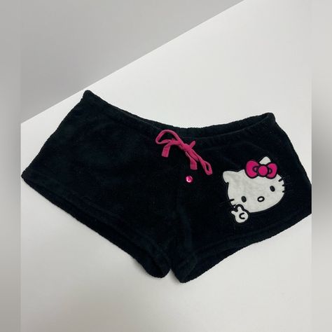 Sanrio | Shorts | Hello Kitty Pajama Fuzzy Drawstring Shorts In Black Size S | Poshmark Little Black Shorts, Hello Kitty Pajama Shorts, Different Styles Fashion List, Short Shorts Outfit, Hello Kitty Pjs, Hello Kitty Shorts, Kuromi And My Melody, Sanrio Clothes, Mcbling Fashion