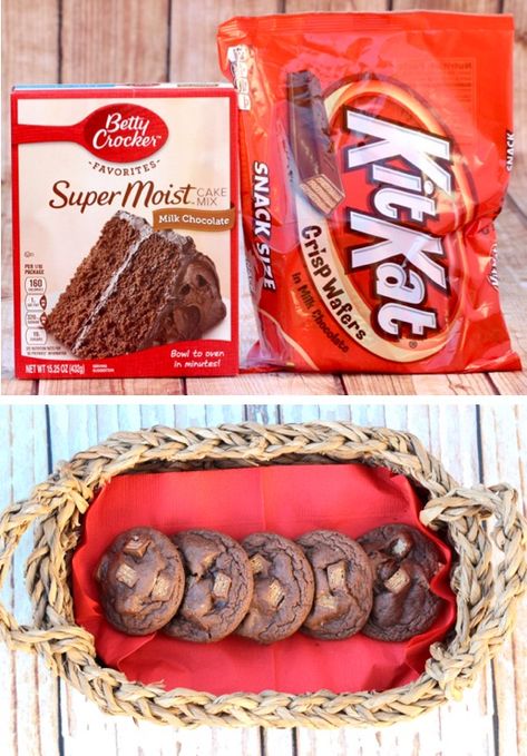 Chocolate Cake Mix Cookies Recipes - Simple Easy Kit Kat Cookie!  With just 4 ingredients, these are one of the EASIEST desserts you'll ever make, and always a hit with the whole family!  Go grab the recipe and give them a try this week! Kit Kat Dessert, Cake Mix Cookies Recipes, Kit Kat Recipes, Kit Kat Cookies, Creamy Chocolate Dessert, 4 Ingredient Desserts, Easiest Desserts, Thanksgiving Desserts Kids, Chocolate Cake Mix Cookies