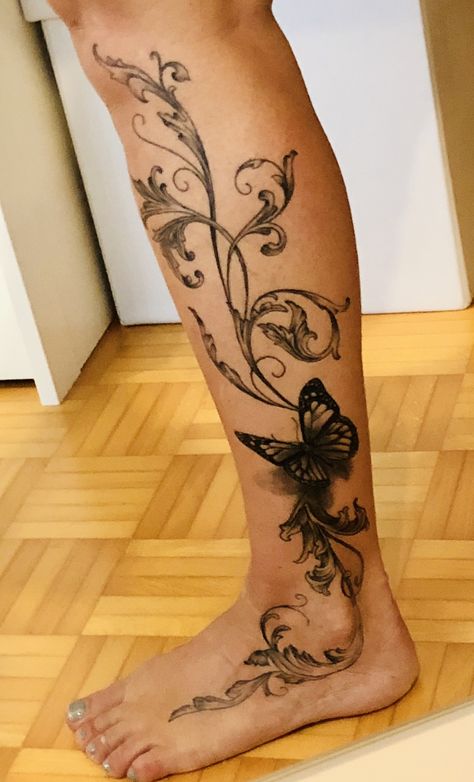 Tattoo Ideas Female Calf, Lower Leg Tattoos Women Calves, Womens Calf Tattoo Ideas, Leg Tattoos Women Lower Calf, Tattoo Papillon, Butterfly Ankle Tattoos, Calf Tattoos For Women, Dark Skin Tattoo, Toe Tattoos